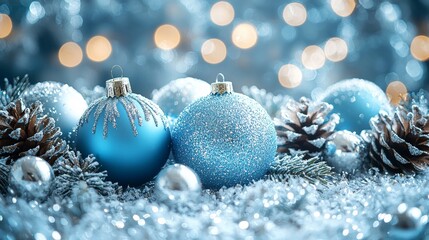 Festive Christmas Still Life: Blue and Silver Ornaments, Pine Cones, and Bokeh Lights on a Snowy Surface for Holiday Season
