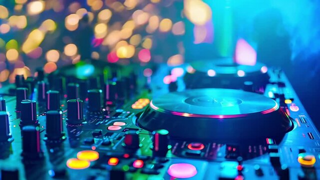 A close up of a dj mixer with colorful lights in the background