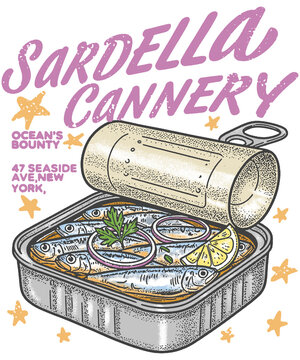 Vintage Sardella Cannery Graphic T-shirt Design featuring an Open Can of Sardines with Lemon and Onion, Engraving Style Illustration on Black.