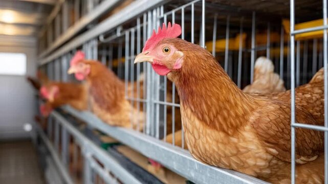 Brown hens with red combs are confined in metal cages on a large poultry farm, showing their living conditions.