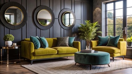 Luxurious yellow velvet sofa and armchair set with teal accents isolated on white background