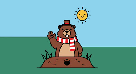 Groundhog Day vector illustration with cute marmot, sun, and burrow welcoming spring