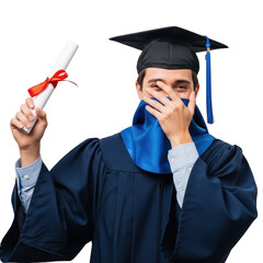 Young graduate in cap and gown holding diploma isolated on transparent background