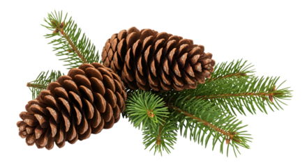 Two large pine cones with green pine needles, a natural element for winter and christmas decoration