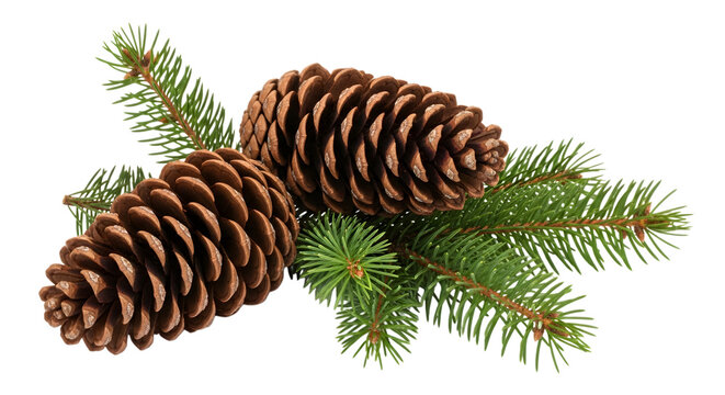 Two large pine cones with green pine needles, a natural element for winter and christmas decoration - Powered by Adobe