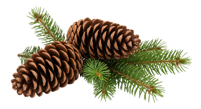 Two large pine cones with green pine needles, a natural element for winter and christmas decoration