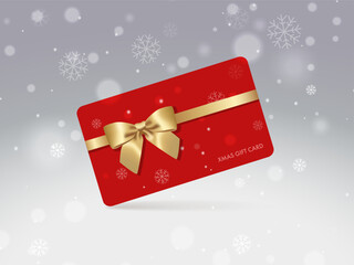 Gift card with a gold bow. Gift certificate for Christmas and New Year. Discount coupon template for New Year's holidays. Voucher design. Glowing New Year's or Christmas shopping certificate. Vector.