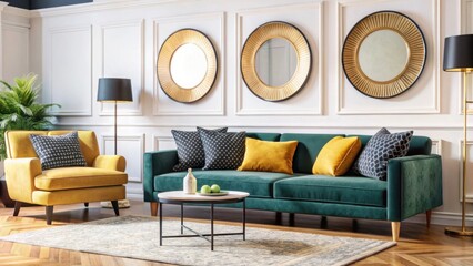 Elegant living room furniture with decorative mirrors isolated on white background