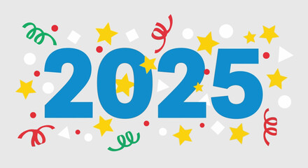 Vibrant illustration of the year 2025 with festive confetti and star accents for celebration designs