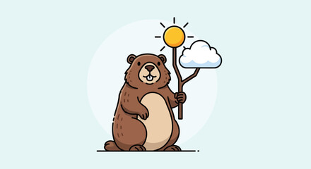 Whimsical Groundhog Day Illustration: Cartoon Marmot with Symbolic Weather Elements Holding A Cute