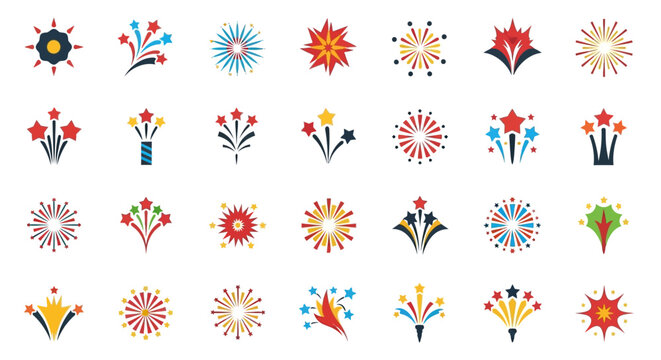 Illustrative celebration bursts: a collection of diverse festive firework icons