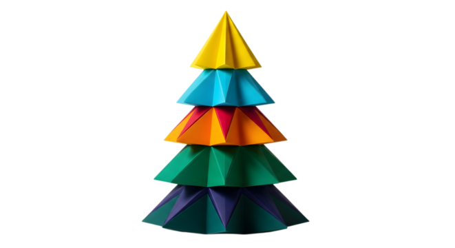 A colorful, abstract christmas tree made of folded paper in rainbow colors