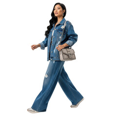 Woman in denim outfit walking isolated on transparent background