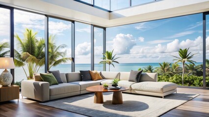 Modern sectional sofa in a sunlit living room with ocean view isolated on white background