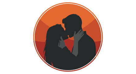 Silhouette of a couple embracing intimately within a circular vibrant background design
