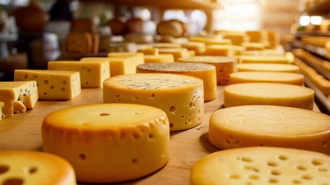 A wooden table topped with lots of different types of cheese