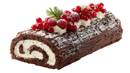 Chocolate Yule Log with Redcurrants isolated on transparent background