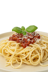 Close-up of a plate with pasta and bolognese sauce on a white background