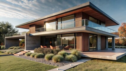 Modern luxury house with glass balconies and wood accents isolated on white background