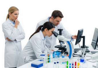 Lab research team analyzing data isolated on transparent background