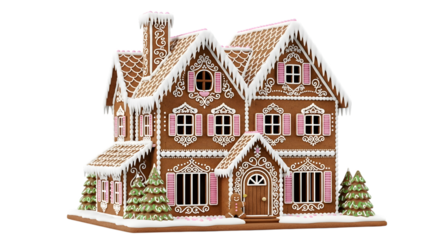An elaborate gingerbread house decorated with white icing, pink shutters, and snowcovered trees