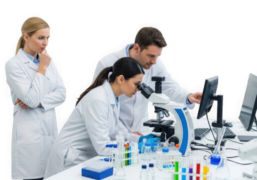 Lab research team analyzing data isolated on transparent background