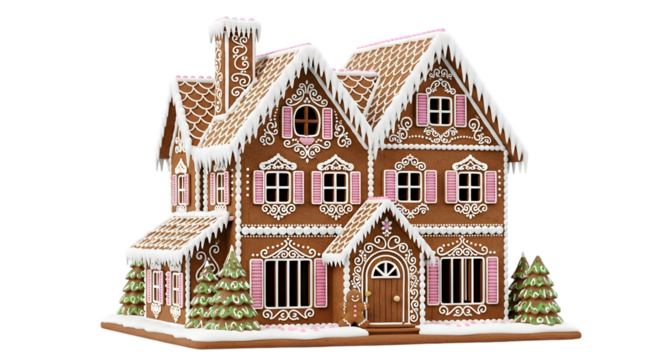 An elaborate gingerbread house decorated with white icing, pink shutters, and snowcovered trees