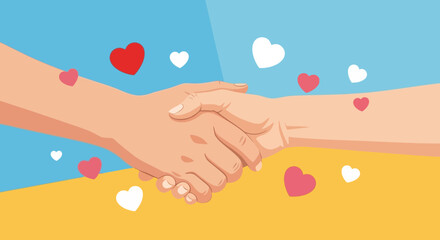 Symbolic handshake set against colors and hearts conveying empathy and unity