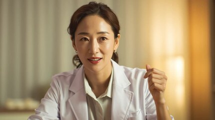Portrait of a Doctor: A confident doctor, wearing a crisp white coat, looks directly at the camera with a calm and reassuring expression. The image evokes a sense of trust, experience, and dedication.