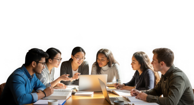 University students learn together isolated on transparent background