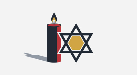 Stylized graphic representation of a candle and star of david with geometric design and muted