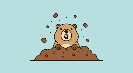 Delightful cartoon groundhog illustration emerging from its burrow in spring