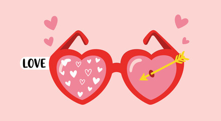 Heart-shaped glasses with love inscription and arrow symbol for Valentine's day design