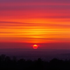A stunning, dramatic sunset painting the vast sky with fiery orange, magenta, and gold colors, suggesting a glorious, heavenly vista overhead, vivid, panorama, spiritual