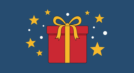 Whimsical red gift box with golden ribbon surrounded by radiant stars on blue backdrop