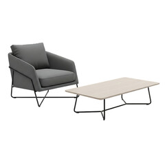 Gray armchair with black metal frame and light wood coffee table on a white background
