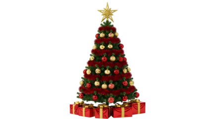 A beautifully decorated christmas tree with red and gold ornaments, topped with a star, and surrounded by wrapped presents, isolated on a transparent background
