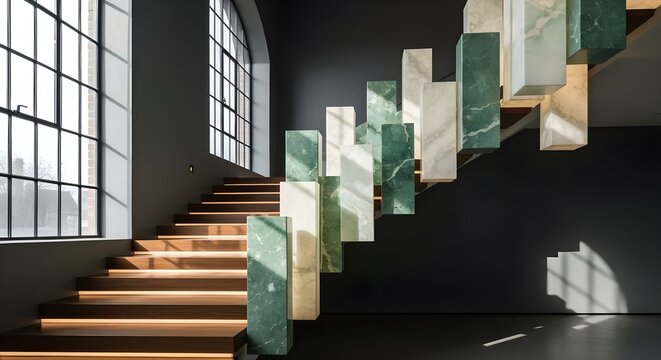 A modern interior with a wooden staircase surrounded by glowing translucent blocks in green and cream tones, set against a dark gray wall with large windows. Minimalist, geometric, artistic design.