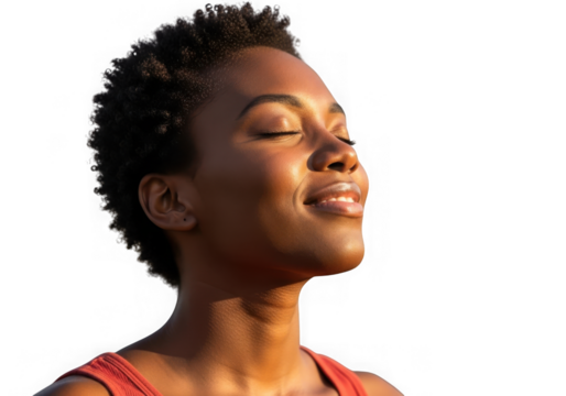 Content woman bathed in warm sun isolated on transparent background