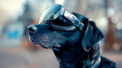 A black dog wearing a pair of virtual reality glasses - Powered by Adobe