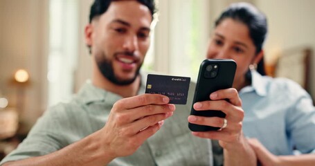 Hands, phone and couple with credit card for online shopping, internet banking or laugh. Mobile, woman and man with digital money for investment, financial payment or comedy subscription in home - Powered by Adobe