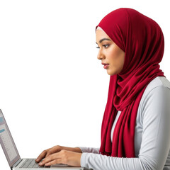 Young muslim woman wearing a red hijab working on a laptop isolated on transparent background