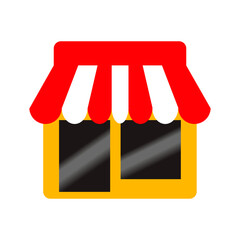 Shop now store with red awning in flat design, great for online shopping, retail, or sale banners.