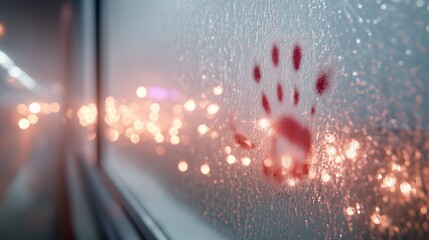 Red tinted handprint on a fogged rain covered window with soft blurred lights creating a dramatic mysterious and emotionally charged atmospheric scene, Generative AI