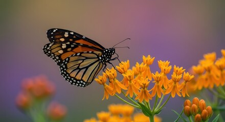 Obraz premium Vibrant monarch rests on bright orange milkweed flowers against a multicolored blurred natural backdrop ,garden ,vibrant ,beauty