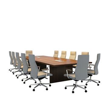 Large oval conference table surrounded by twelve grey and beige executive chairs on a white background Keywords: conference table, meeting table, boardroom