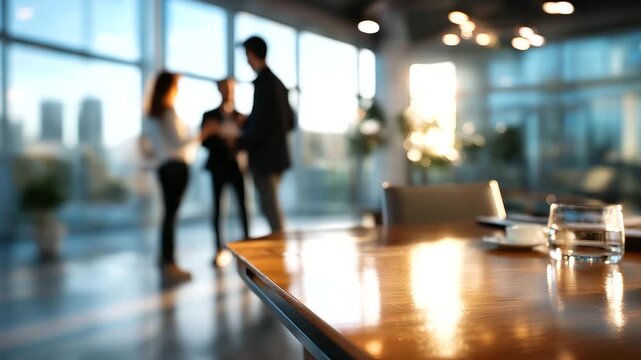 Defocused corporate interior, faceless professionals exchanging ideas under soft morning light, representing teamwork and adaptability in 2026, with copy space.