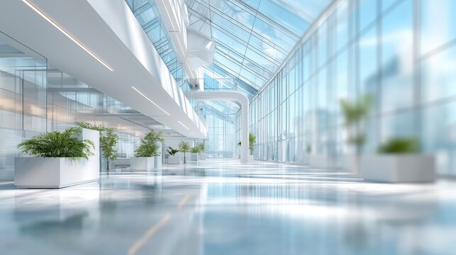 Bright modern glass atrium filled with natural light and fresh greenery creating spacious elegant contemporary architectural interior, Generative AI