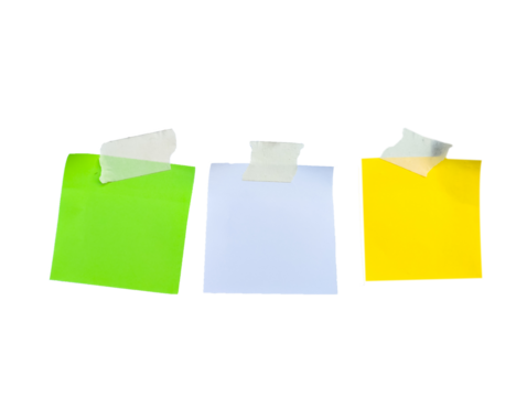 blank sticky notes paper taped to transparent background, conceptual for memo, reminder, message, and communication