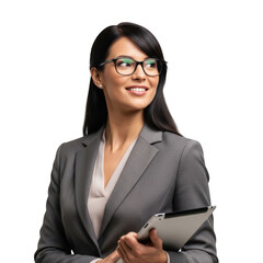 Smiling businesswoman holding a tablet isolated on transparent background